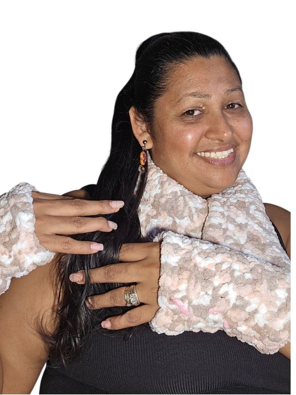 Handmade Chenille Scarf Fingerless Gloves Set Fall Winter Neck Warmer Hand Knit
